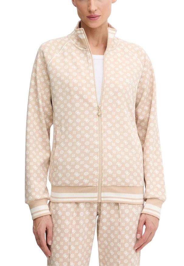 Guess - GUESS Beżowa rozpinana damska bluza w monogram Aggie, Rozmiar S. Okazja: na co dzień. Kolor: beżowy. Styl: elegancki, casual, sportowy