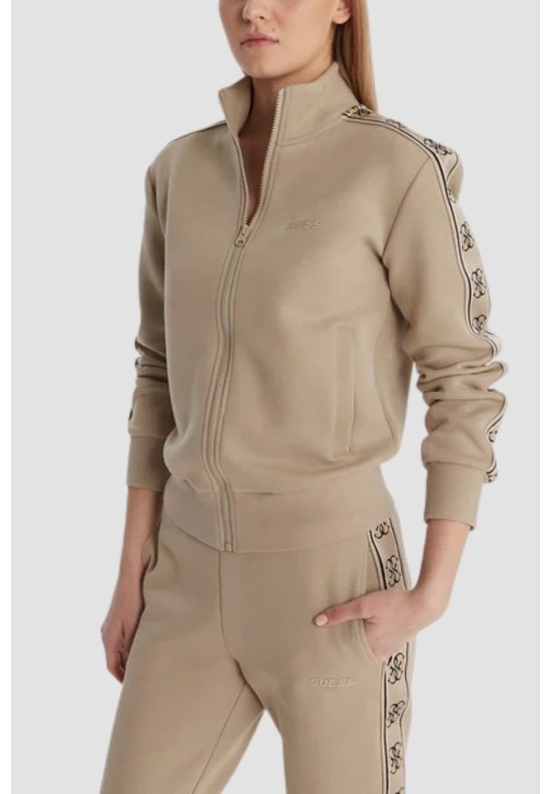 Guess - GUESS Beżowa damska bluza rozpinana z lampasami Britney, Rozmiar XS. Okazja: na co dzień. Kolor: beżowy. Styl: elegancki, casual, sportowy