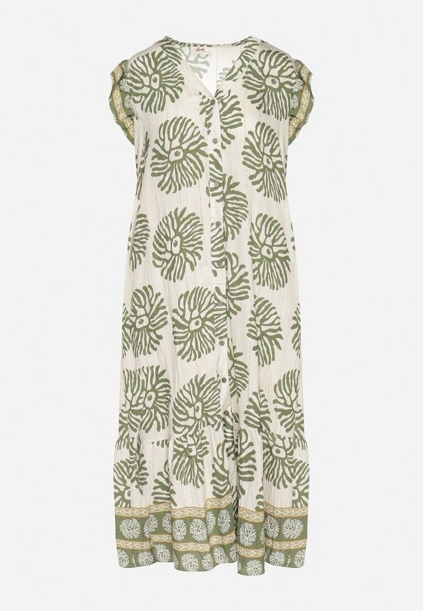 Born2be - Zielona Koszulowa Sukienka z Wiskozą i Geometrycznym Wzorem Siledia. Okazja: na co dzień. Typ kołnierza: kołnierz z falbankami. Kolor: zielony. Materiał: wiskoza. Wzór: geometria. Typ sukienki: koszulowe. Styl: casual, elegancki