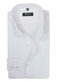 Bello - Bawełniana Biała Elegancka Koszula - BELLO - Taliowana, Długi Rękaw. Okazja: do pracy, na spotkanie biznesowe. Kolor: biały. Materiał: bawełna. Długość rękawa: długi rękaw. Długość: długie. Styl: elegancki