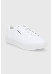 Champion Buty kolor biały na płaskiej podeszwie. Nosek buta: okrągły. Zapięcie: sznurówki. Kolor: biały. Materiał: guma. Obcas: na płaskiej podeszwie #2