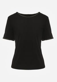 Renee - Czarny Gładki T-shirt Bawełniany z Ozdobnymi Lamówkami z Warkoczowego Splotu Thalia. Kolor: czarny. Materiał: bawełna. Wzór: gładki, ze splotem #8