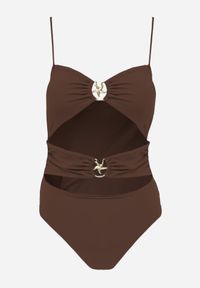 Renee - Brązowy Jednoczęściowy Strój Kąpielowy Na Cienkich Ramiączkach ze Złotymi Ozdobami i Wycięciami Nonanoe. Kolekcja: plus size. Kolor: brązowy. Materiał: jeans. Wzór: aplikacja #5