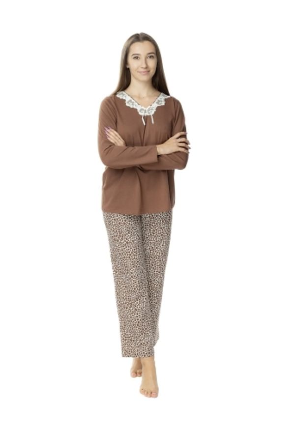 Lookat - Dwuczęściowa piżama damska zwierzęcy wzór. Materiał: bawełna, koronka. Długość: długie. Wzór: motyw zwierzęcy