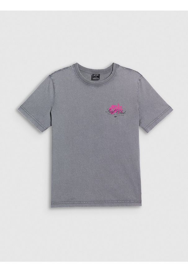 4f - 4F T-shirt relaxed z nadrukiem damski - szary XXL. Okazja: na co dzień, na plażę. Kolor: szary. Materiał: materiał, bawełna, dzianina. Wzór: nadruk. Sezon: lato. Styl: sportowy, wakacyjny, casual