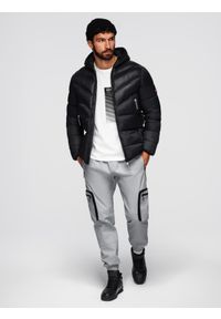 Ombre Clothing - Nowoczesna pikowana kurtka męska z łączonych materiałów – czarna V1 - Rozmiar: XL. Typ kołnierza: kołnierzyk stójkowy. Kolor: czarny. Materiał: materiał. Długość: długie #12