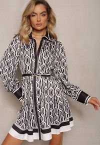 Renee - Czarno-Biała Koszulowa Sukienka Mini o Rozkloszowanym Kroju z Paskiem Launge. Kolor: czarny. Materiał: tkanina. Wzór: geometria, gładki, nadruk. Typ sukienki: koszulowe. Długość: mini #5