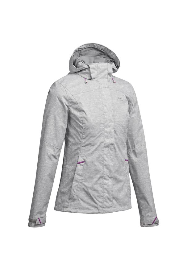 quechua - Kurtka turystyczna damska Quechua MH100 wodoodporna. Kolor: szary. Materiał: materiał, tkanina. Sport: outdoor, turystyka piesza