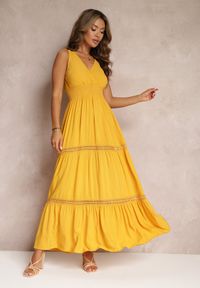 Renee - Żółta Sukienka Corisis. Kolor: żółty. Materiał: materiał. Długość rękawa: na ramiączkach. Wzór: ażurowy. Typ sukienki: kopertowe. Długość: maxi #1