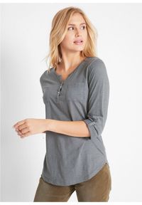 bonprix - Shirt bawełniany z dekoltem henley z plisą guzikową. Typ kołnierza: typu henley. Kolor: szary. Materiał: bawełna. Długość: długie