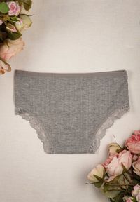 Renee - Szare Prążkowane Majtki Figi z Ażurową Koronką Liseta. Kolor: szary. Materiał: koronka, prążkowany. Wzór: ażurowy, koronka