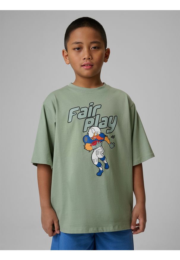 4f - 4F T-shirt loose z nadrukiem chłopięcy - miętowy 158 (12-13 lat). Okazja: na co dzień, na uczelnię. Kolor: turkusowy. Materiał: dzianina, materiał, dresówka, bawełna, skóra. Wzór: nadruk. Sezon: lato. Styl: casual, sportowy