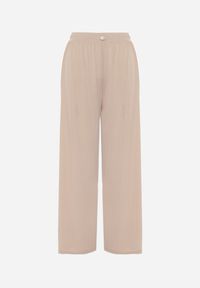 Renee - Beżowe Szerokie Spodnie High Waist z Prążkowanej Tkaniny z Ozdobnym Guzikiem Dalifa. Stan: podwyższony. Kolekcja: plus size. Kolor: beżowy. Materiał: tkanina, prążkowany. Długość: krótkie. Styl: glamour #3