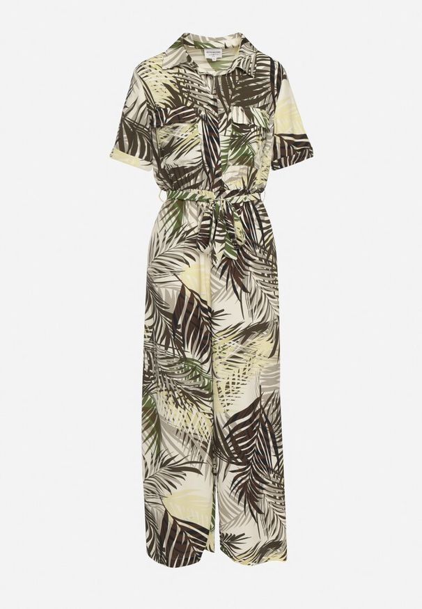 Born2be - Zielony Kombinezon z Gumką w Pasie Zapinany na Guziki z Materiałowym Paskiem Efity. Okazja: na spotkanie biznesowe. Kolor: zielony. Materiał: materiał. Długość rękawa: krótki rękaw. Długość: krótkie. Styl: biznesowy