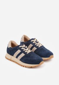 Renee - Granatowo-Beżowe Sneakersy ze Skóry Naturalnej z Paskami Kiarre. Okazja: na co dzień. Zapięcie: pasek. Kolor: niebieski. Materiał: skóra #8