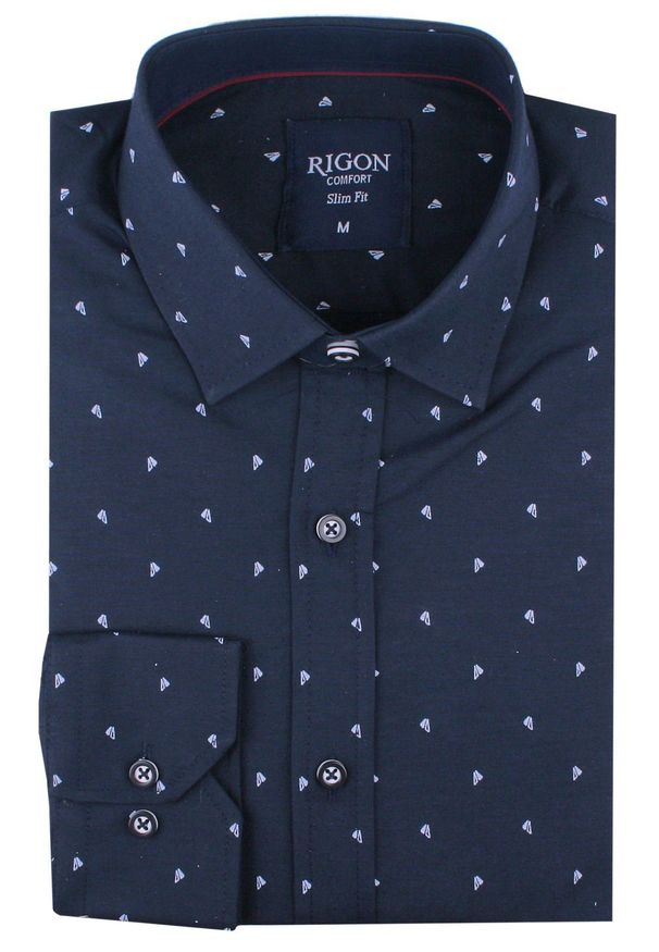 Męska Koszula, Taliowana (Slim Fit) - Rigon - Granat, Drobny Wzór. Okazja: na spotkanie biznesowe, do pracy. Kolor: niebieski. Materiał: poliester, bawełna, elastan. Długość rękawa: długi rękaw. Długość: długie. Styl: biznesowy, elegancki, wizytowy