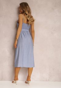 Renee - Niebieska Sukienka Hami. Kolor: niebieski. Materiał: materiał. Długość rękawa: na ramiączkach. Wzór: jednolity, gładki, aplikacja. Styl: elegancki. Długość: midi