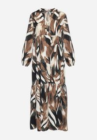 Born2be - Beżowo-Brązowa Sukienka Rozkloszowana w Abstrakcyjny Print z Koszulową Górą Analow. Kolor: beżowy. Materiał: tkanina. Wzór: nadruk. Typ sukienki: koszulowe #7