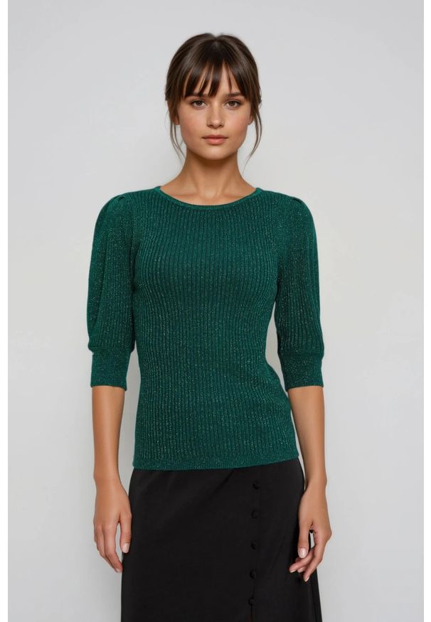 MOODO - Sweter z bufiastymi rękawami zielony. Kolor: zielony. Materiał: wiskoza
