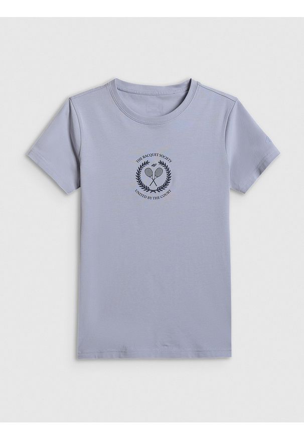 4f - 4F T-shirt slim z nadrukiem damski - niebieski L. Okazja: na co dzień, na spacer. Kolor: niebieski. Materiał: materiał, bawełna, jeans. Wzór: nadruk. Styl: casual