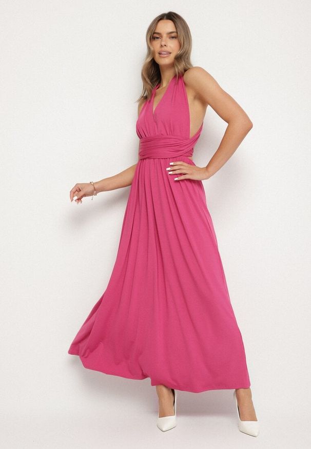 Born2be - Ciemnoróżowa Koktajlowa Sukienka Multiway z Wiskozą i Wiązaniem na Szyi Lilazza. Okazja: na imprezę. Typ kołnierza: dekolt w kształcie V. Kolor: różowy. Materiał: wiskoza. Typ sukienki: rozkloszowane. Styl: wizytowy