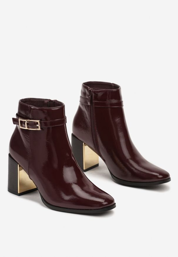Renee - Bordowe Eleganckie Botki Lakierowane na Metalicznym Słupku Nirlea. Okazja: na co dzień. Kolor: czerwony. Materiał: lakier. Obcas: na słupku. Styl: elegancki