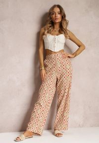 Renee - Beżowe Szerokie Spodnie w Fantazyjny Print Bawełniane Rosabella. Okazja: na co dzień. Kolor: beżowy. Materiał: bawełna. Długość: długie. Wzór: nadruk. Styl: elegancki, casual #5