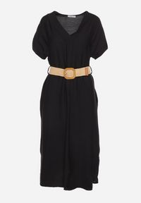 Born2be - Czarna Wiskozowa Sukienka z Paskiem Ozdobionym Plecionką i Klamrą Mlevena. Typ kołnierza: dekolt w kształcie V. Kolekcja: plus size. Kolor: czarny. Materiał: wiskoza. Długość rękawa: krótki rękaw. Wzór: aplikacja. Typ sukienki: dla puszystych. Styl: elegancki #6