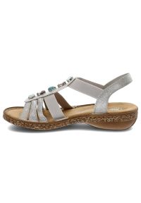 Srebrne Sandały Rieker Eleganckie Buty Damskie. Zapięcie: bez zapięcia. Kolor: srebrny. Materiał: skóra ekologiczna, materiał. Wzór: aplikacja. Obcas: na obcasie. Styl: elegancki. Wysokość obcasa: niski #4