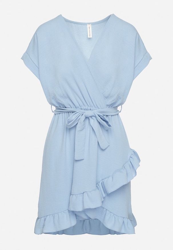 Born2be - Jasnoniebieska Rozkloszowana Sukienka Ozdobiona Falbanami i Paskiem Zivene. Okazja: na imprezę. Kolor: niebieski. Wzór: aplikacja. Sezon: wiosna, lato. Styl: elegancki