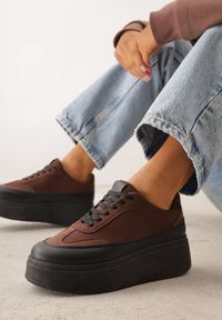 Renee - Brązowe Sneakersy VICES na Platformie z Ozdobnym Noskiem Attis. Nosek buta: okrągły. Zapięcie: sznurówki. Kolor: brązowy. Materiał: skóra, zamsz. Obcas: na platformie. Wysokość obcasa: średni #1