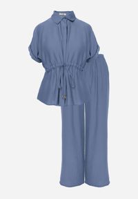 Renee - Niebieski Komplet z Wiskozy Spodnie Wide Leg i Bluzka ze Ściągaczem w Talii Daemnell. Kolor: niebieski. Materiał: wiskoza #8