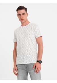 Ombre Clothing - Męska koszulka dzianinowa z nadrukiem full print – biała V3. Okazja: na co dzień. Kolor: biały. Materiał: dzianina. Długość rękawa: krótki rękaw. Długość: krótkie. Wzór: nadruk. Styl: klasyczny, casual #5