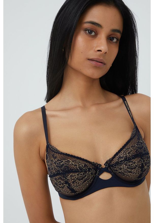 TOMMY HILFIGER - Tommy Hilfiger Biustonosz kolor granatowy transparentny wzorzysty. Kolor: niebieski. Materiał: dzianina. Rodzaj stanika: odpinane ramiączka, biustonosz z fiszbinami