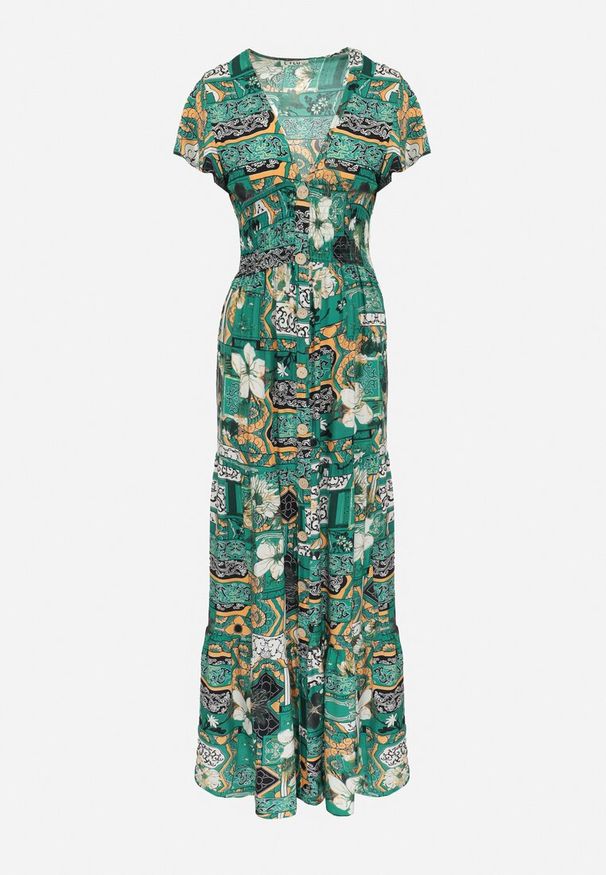 Born2be - Zielona Sukienka Maxi z Wiskozy z Gumką w Talii i Guzikami Nyllu. Kolor: zielony. Materiał: wiskoza. Wzór: aplikacja. Długość: maxi