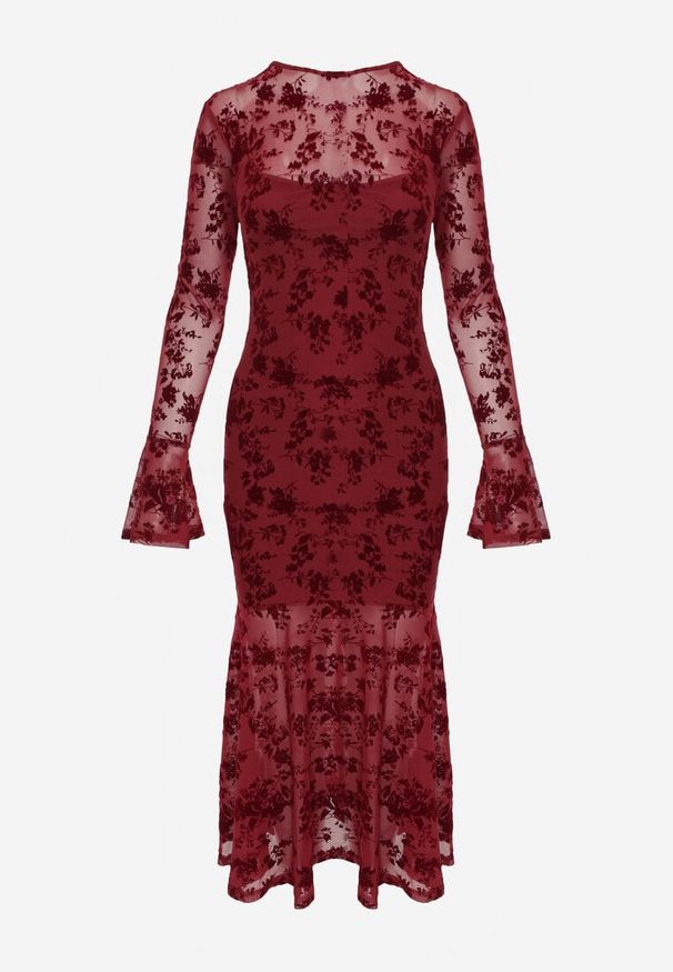 Renee - Czerwona Wieczorowa Sukienka VICES z Siateczki z Kwiatowym Wzorem z Weluru Azinene. Kolor: czerwony. Materiał: welur. Wzór: kwiaty. Typ sukienki: oversize. Styl: wizytowy