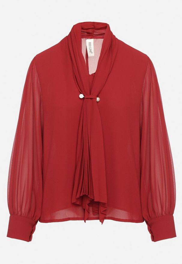 Born2be - Bordowa Bluzka z Krawatką i Plisowanymi Rękawami Woldu. Kolor: czerwony. Wzór: aplikacja