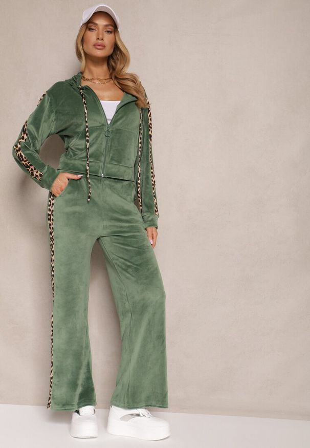 Renee - Zielony Dresowy Komplet Welurowy Bluza i Spodnie z Panterkowymi Wstawkami Elazoria. Kolor: zielony. Materiał: dresówka, welur