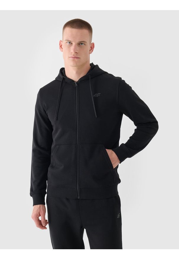 4f - 4F Bluza dresowa rozpinana z kapturem męska - czarna 3XL. Okazja: na co dzień. Typ kołnierza: kaptur. Kolor: czarny. Materiał: dresówka. Wzór: gładki, ze splotem. Styl: sportowy, casual