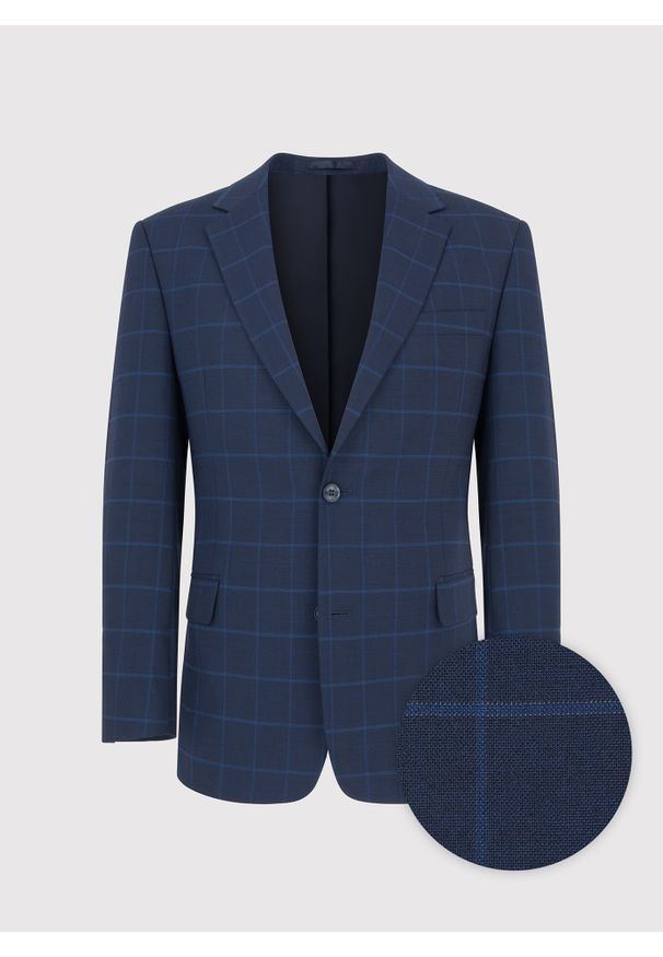 Pako Lorente - PAKO LORENTE – Granatowa marynarka garniturowa w niebieską kratkę. Okazja: na ślub cywilny, na wesele, na komunię. Kolor: niebieski. Materiał: wełna, lycra, poliester. Wzór: kratka