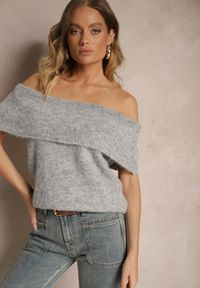 Renee - Jasnoszary Sweter Top z Hiszpańskim Wywijanym Dekoltem z Wełną Inarose. Kolor: szary. Materiał: wełna