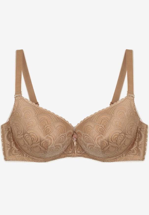 Renee - Beżowy Biustonosz Full Cup z Koronki Ozdobiony Cyrkoniową Zawieszką Eanessa. Kolor: beżowy. Materiał: koronka. Wzór: aplikacja, koronka