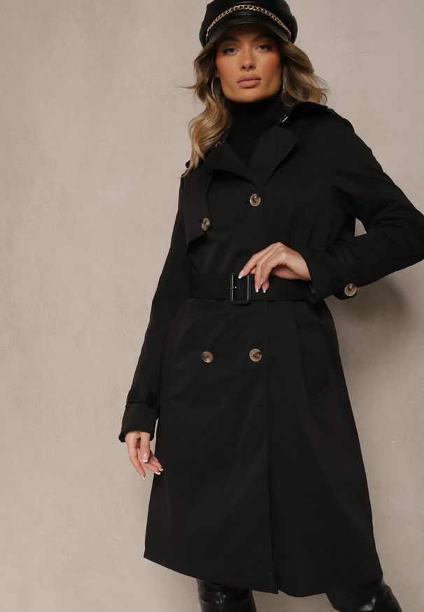 Renee - Czarny Dwurzędowy Płaszcz Trencz z Paskiem i Elegancką Klapą Fireti. Okazja: na spotkanie biznesowe, na co dzień. Kolor: czarny. Materiał: jeans. Długość rękawa: długi rękaw. Długość: długie. Styl: elegancki