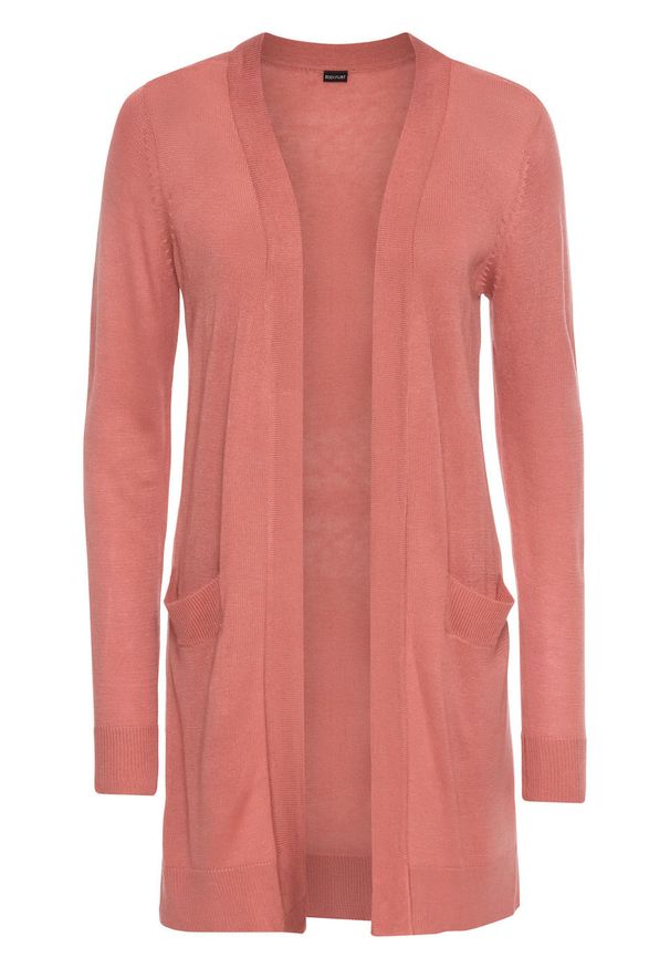 Długi sweter bez zapięcia bonprix dymny brzoskwiniowy. Kolor: różowy. Materiał: materiał, akryl, wiskoza. Długość: długie. Wzór: prążki