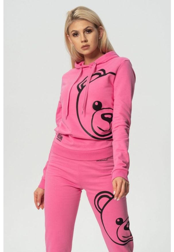 MOSCHINO Różowa bluza damska z kapturem, Rozmiar M. Typ kołnierza: kaptur. Kolor: różowy. Wzór: nadruk