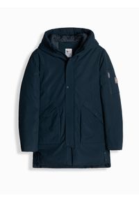 Ombre Clothing - Długa sezonowa kurtka męska w stylu outdoorowym – granatowa V2 - Rozmiar: L. Typ kołnierza: kaptur. Kolor: niebieski. Materiał: guma, tkanina, poliester, materiał, syntetyk. Długość: długie. Wzór: aplikacja #3