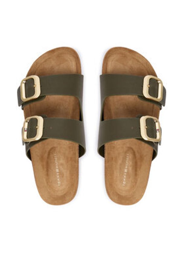 TOMMY HILFIGER - Tommy Hilfiger Klapki Leather Double Strap Cork Sandals FW0FW09118 Zielony. Kolor: zielony. Materiał: skóra