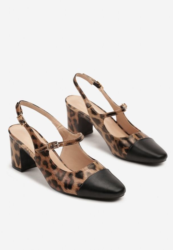 Renee - Panterkowe Sandały na Słupku Slingback Ozdobione Paskiem Divolia. Zapięcie: pasek. Wzór: aplikacja. Obcas: na słupku. Styl: elegancki, klasyczny