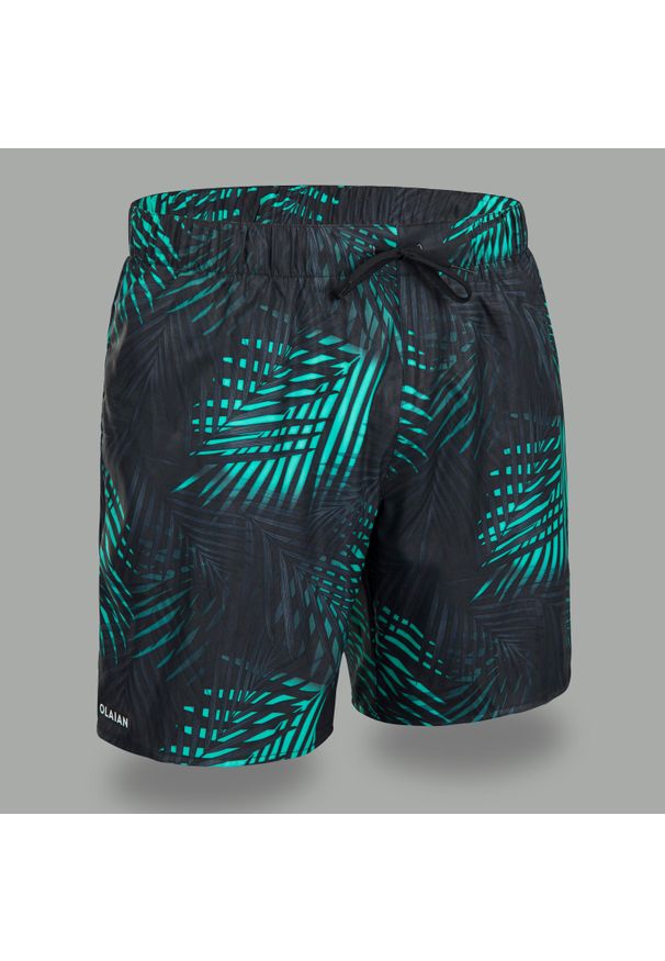 OLAIAN - Spodenki surfingowe męskie Olaian 100 Palm 15". Kolor: niebieski. Materiał: materiał, poliester. Długość: krótkie