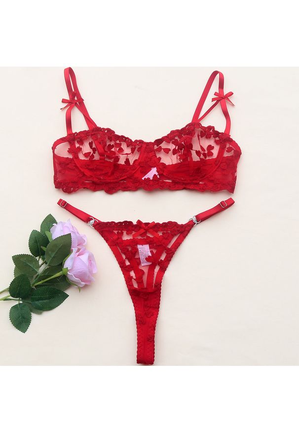 Intica - Komplet bielizny z haftem w serca Deniece. Kolor: czerwony. Wzór: haft